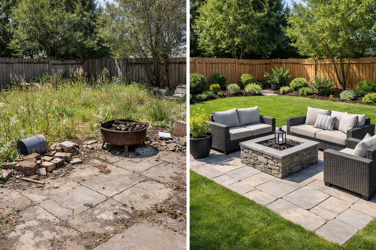 Synergy Lawnscape delivers results our customers love. This backyard was brought to life with fresh plant installation, mulch, new furniture and brick fireplace to help this become a more enjoyable space. 