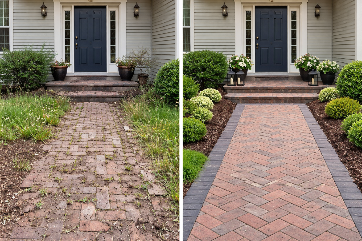 A before and after of the walk way leading up to customers door. Fresh brick, plants and mulch make a difference.