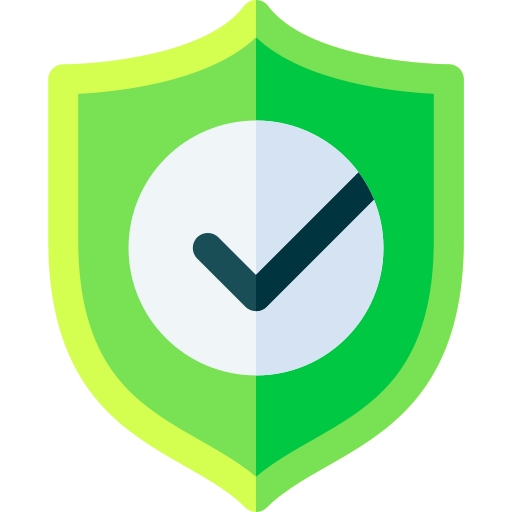 Green shield with a white circle and black check mark inside.