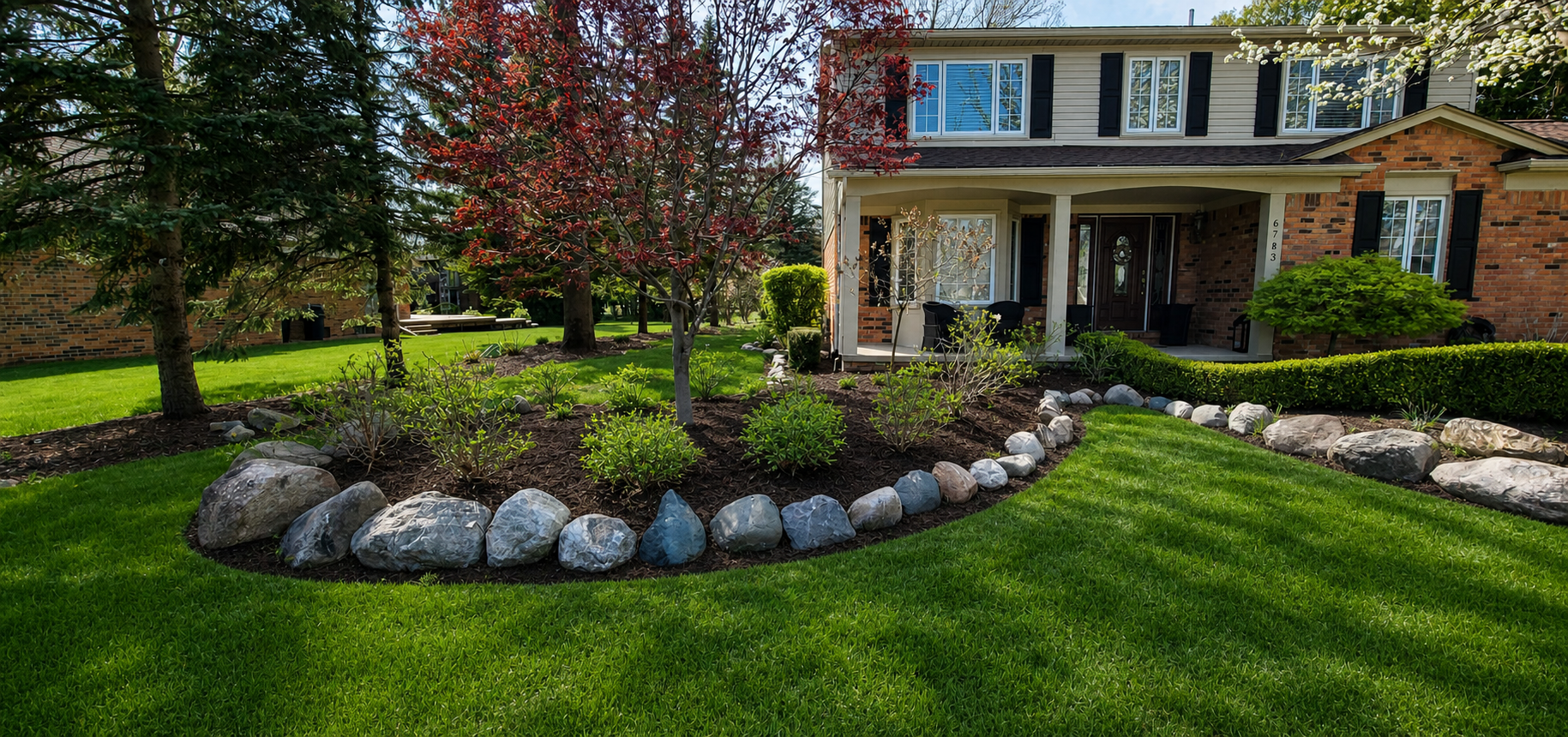 the after photo of a residential landscaping cleanup with fresh mulch, trimmed shrubs, decorative rock borders, and lush lawn care for a cleaner, healthier front yard.