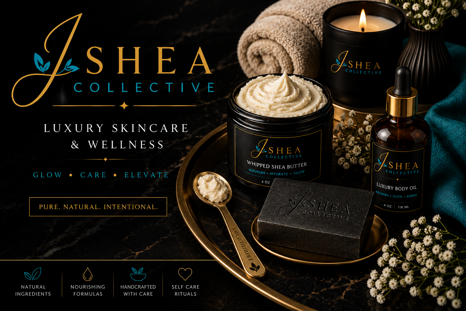 Luxury skincare products from J Shea Collective, including whipped shea butter and body oil, displayed on a black marble surface with flowers, candles, and a gold tray.”}