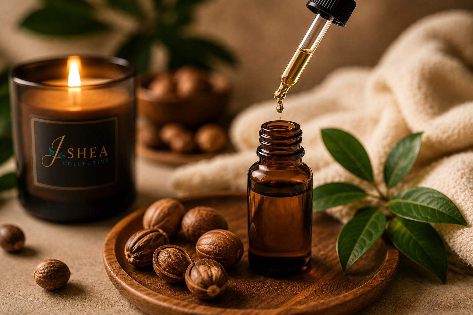 Amber glass dropper bottle with golden oil, surrounded by whole and cracked nutmeg seeds on a wooden tray, with a lit candle labeled 'J Shea Collective,' green leaves, and a beige textured cloth in the background.