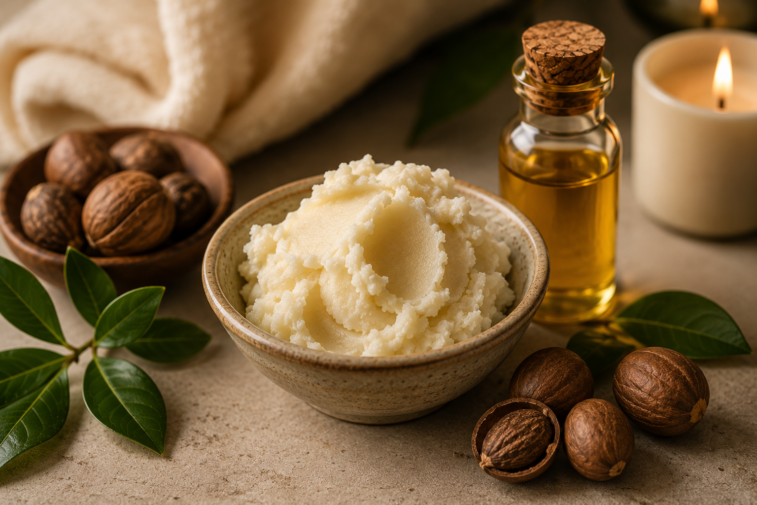 A bowl of shea butter surrounded by shea nuts, green leaves, a bottle of oil, a lit candle, and a towel in the background.