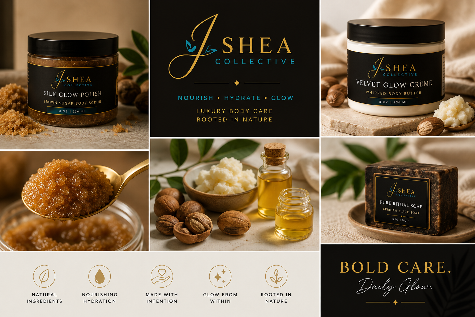 Collage of skincare and body care products from J Shea Collective, including brown sugar body scrub, whipped body butter, black soap, and ingredients like shea butter, coconut oil, nuts, and honey.