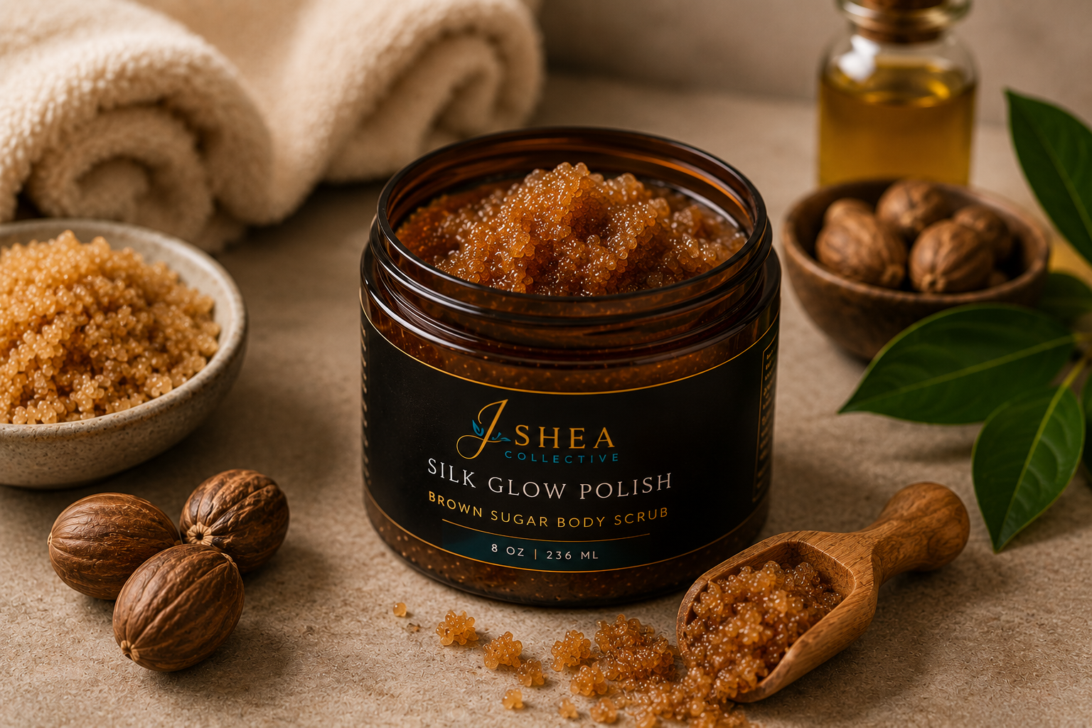 Open jar of Shea Collective Silk Glow Polish Brown Sugar Body Scrub surrounded by bowls of brown sugar and nuts, with a towel, green leaves, and a bottle of oil in the background.