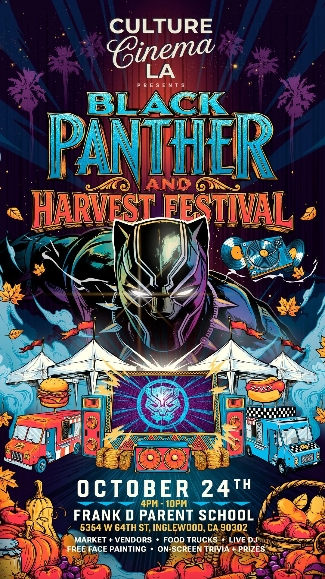 Colorful poster for the Black Panther and Harvest Festival event featuring a black panther in a superhero mask, surrounded by pumpkins, grapes, food trucks, tents, and festival decorations, with text indicating date, time, location, and activities.