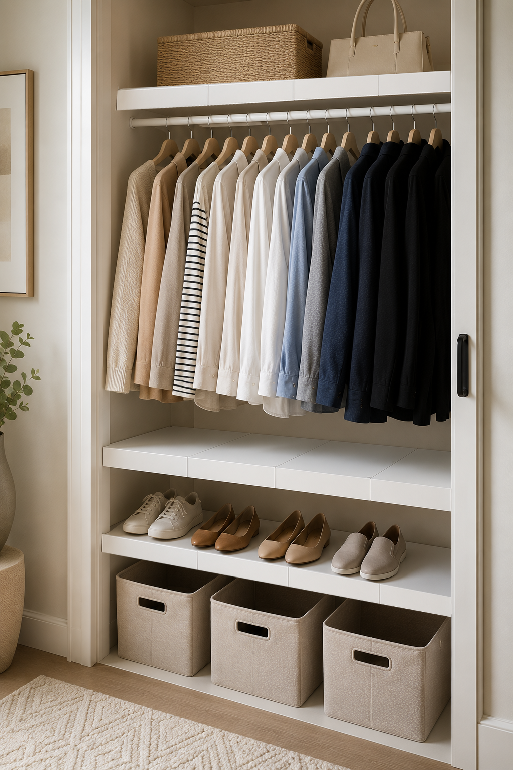 Open closet with neatly organized storage and wire shelves seamlessly covered with three standard 12-inch modular steel panels per shelf.