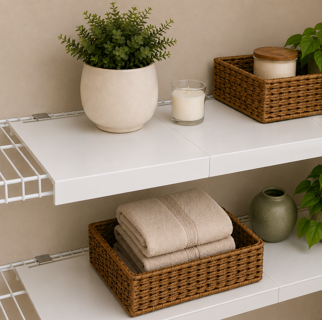 Step 2: TAPPAS Systems panels are securely attached to the wire shelves with metal clips.