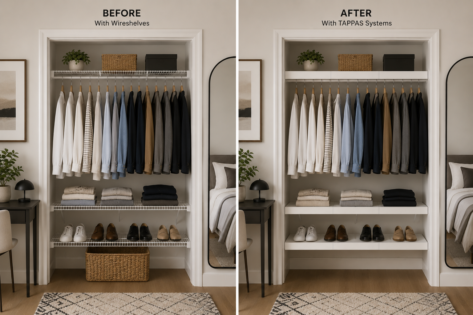 Comparison of a closet before and after installing TAPPAS systems, showing organized clothing, shoes, and storage.