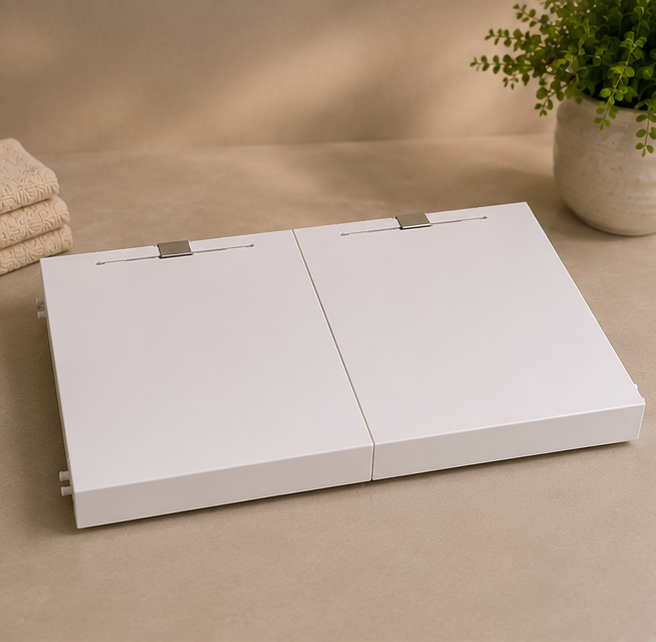 Wire shelf seamlessly covered with modular steel panels, featuring two standard 12-inch-wide panels.
