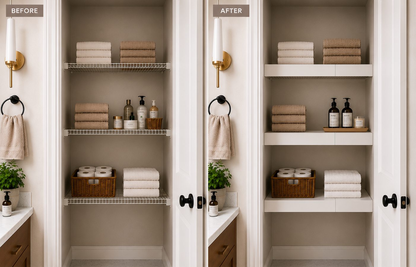 Before-and-after comparison of a renovated bathroom closet, featuring organized storage and wire shelving seamlessly covered with one standard 12-inch panel and one custom-size 5-inch panel.