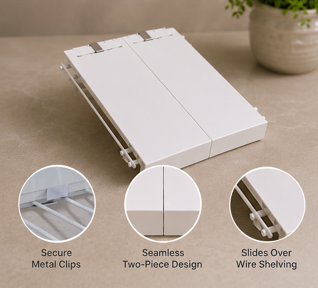 Wire shelf seamlessly covered with modular steel panels, featuring two 5-inch-wide odd-size panels.