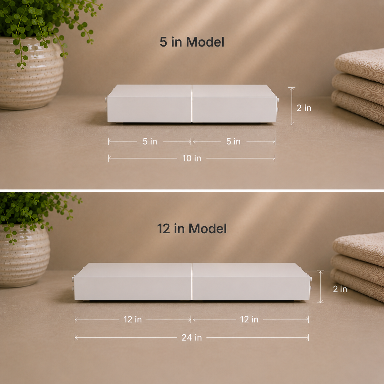 Side-by-side comparison of two modular steel panel configurations, the "5 in Model" and "12 in Model," showing their respective width, height, and length dimensions.