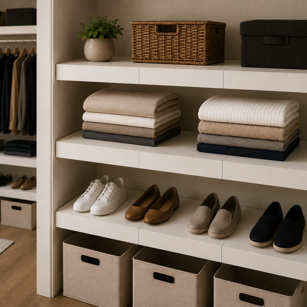 Open closet with neatly organized storage and wire shelves seamlessly covered with three standard 12-inch modular steel panels per shelf.