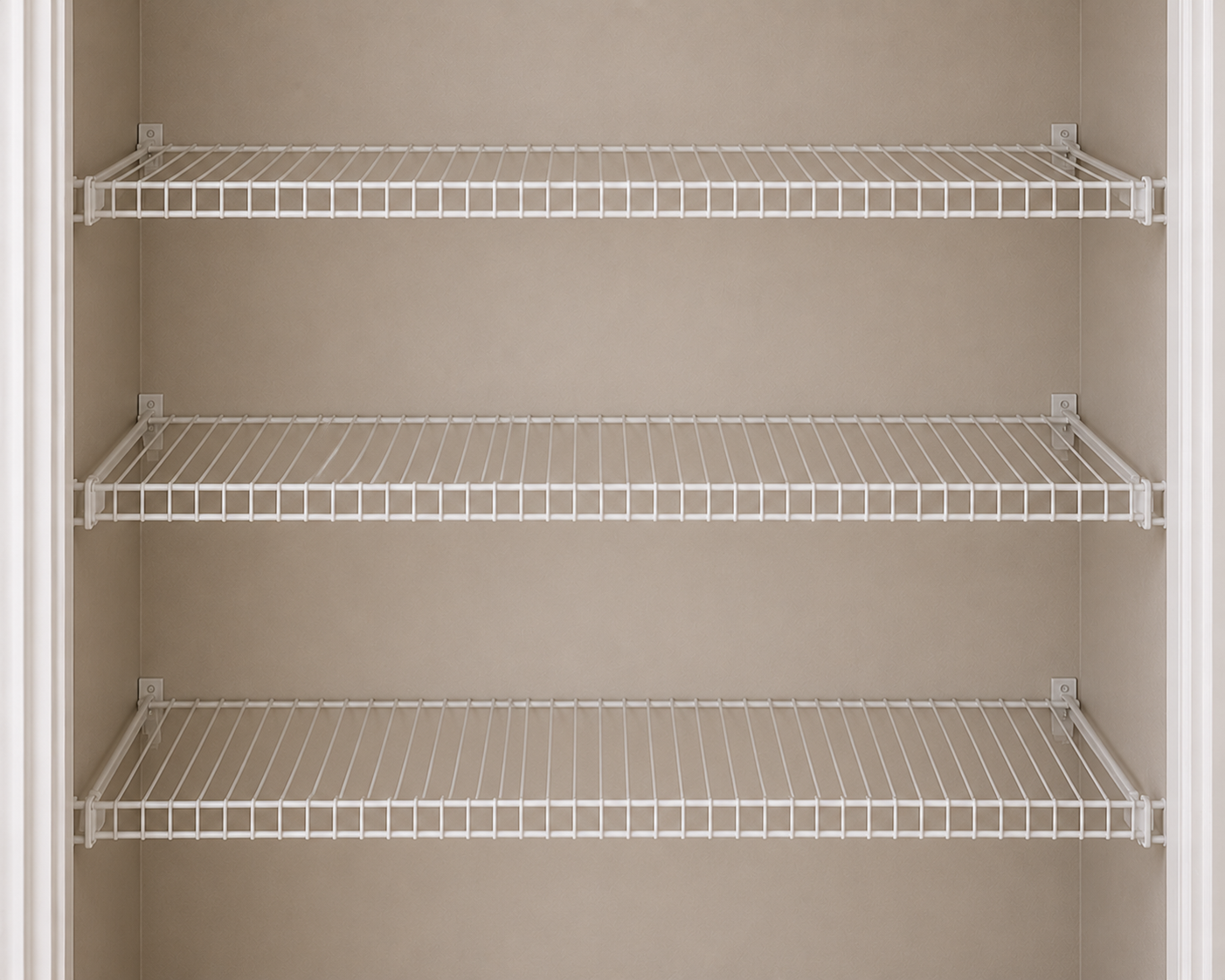 Step 1: Empty closet with beige walls and three white wire shelves.