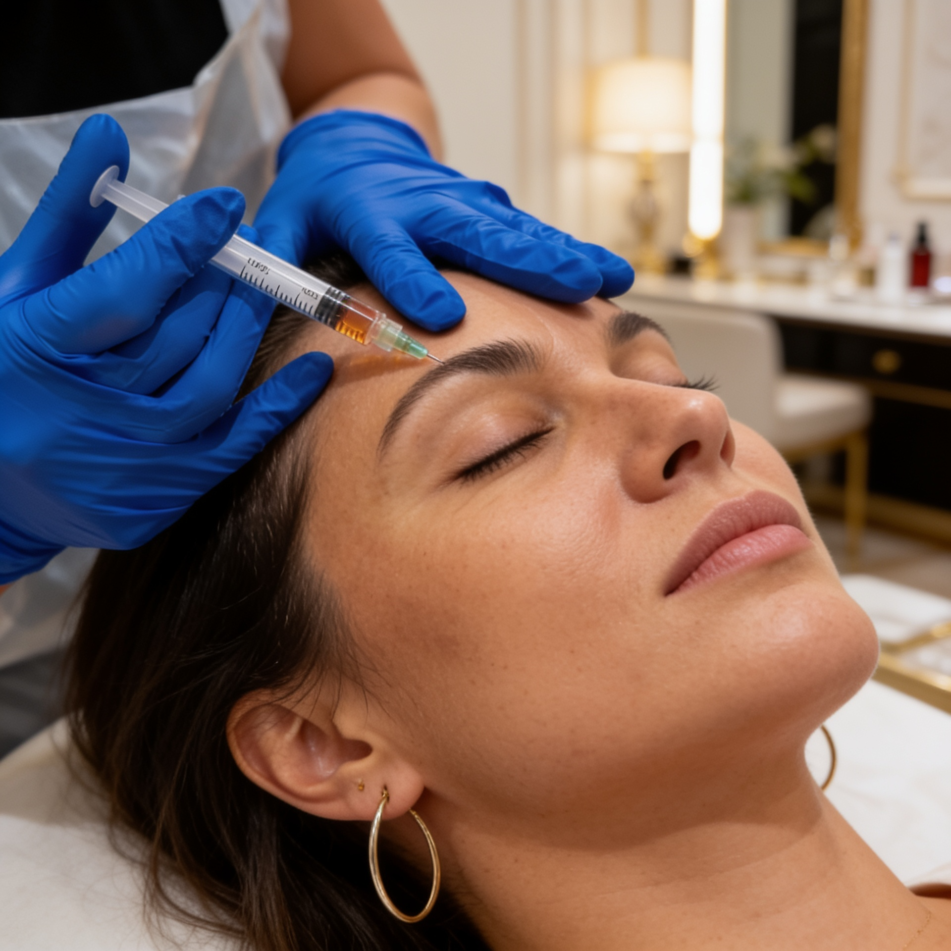 Person receiving a cosmetic injection in the forehead, wearing blue gloves in a clinical setting.