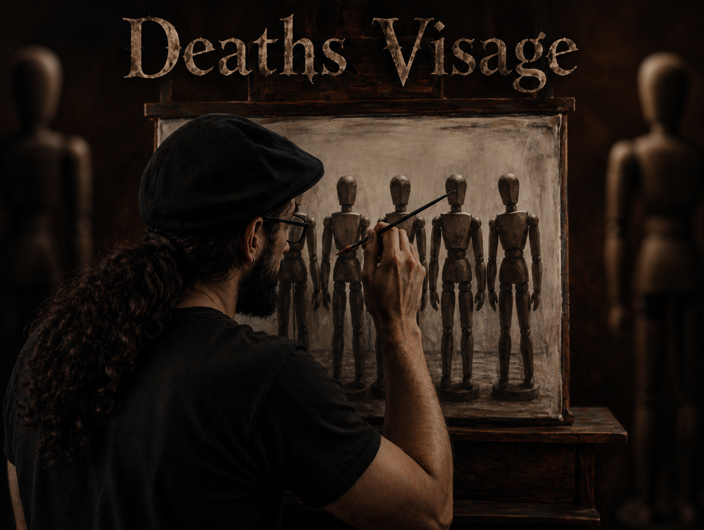 Artist painting wooden mannequins on a canvas, with a sign reading 'Deaths Visage' overhead, surrounded by more mannequins in the background.