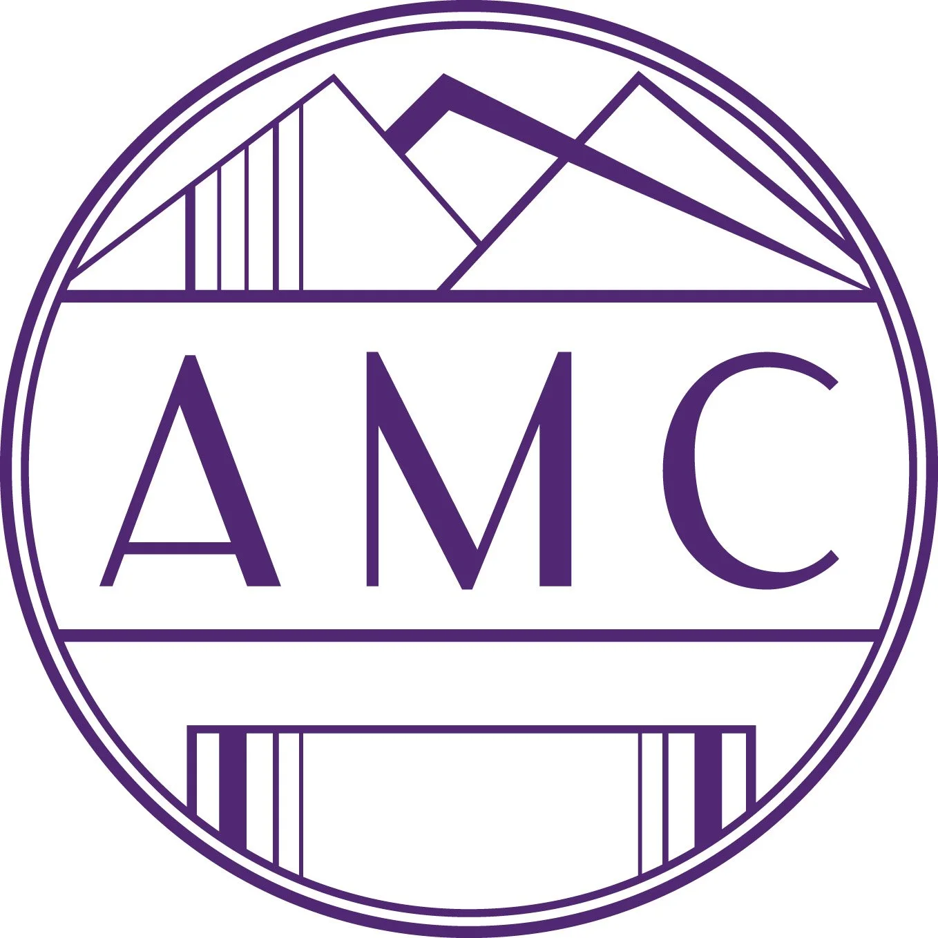 A circular logo with mountain and bridge illustrations at the top, and the letters 'AMC' in the center, rendered in purple.