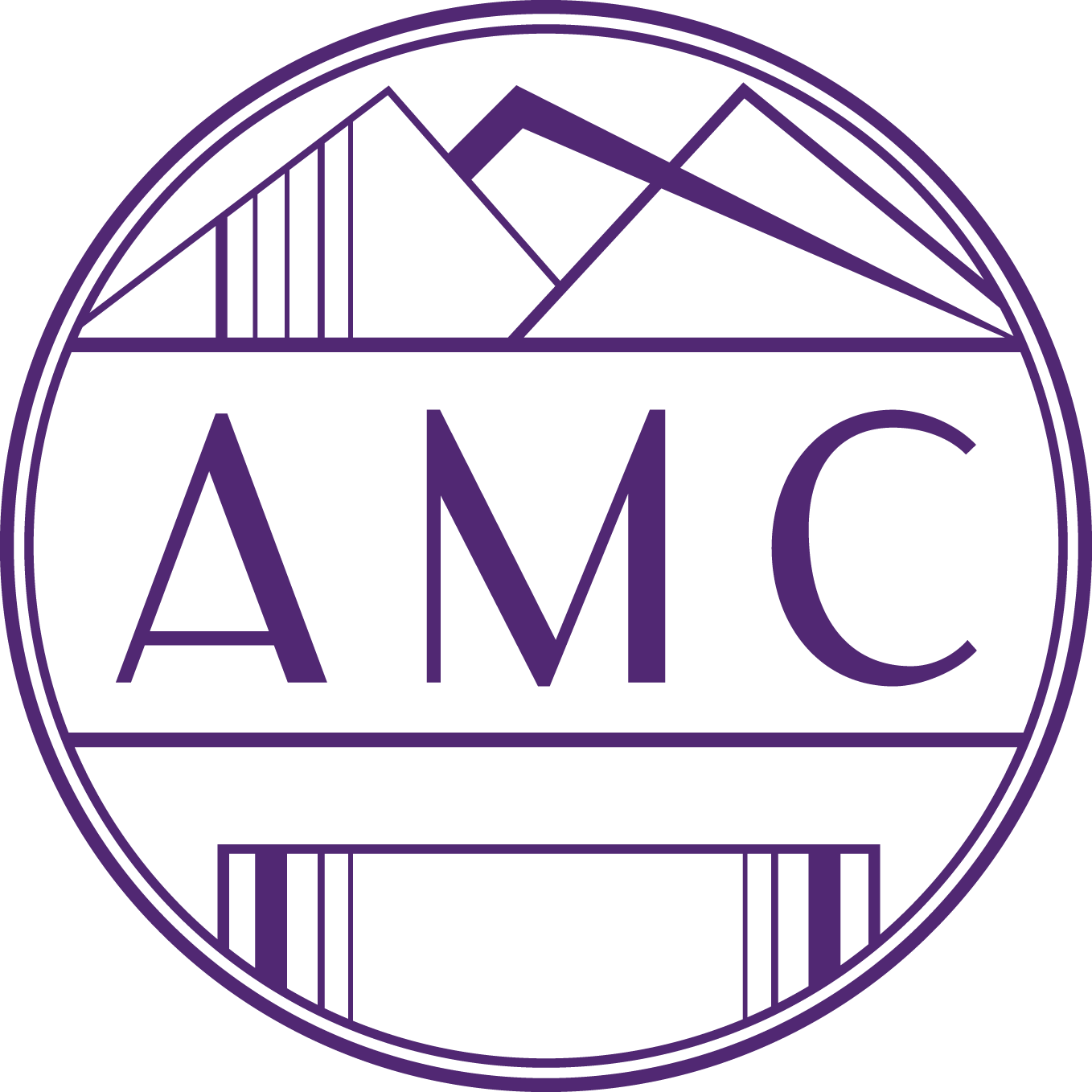 A circular logo with mountain and bridge illustrations at the top, and the letters 'AMC' in the center, rendered in purple.