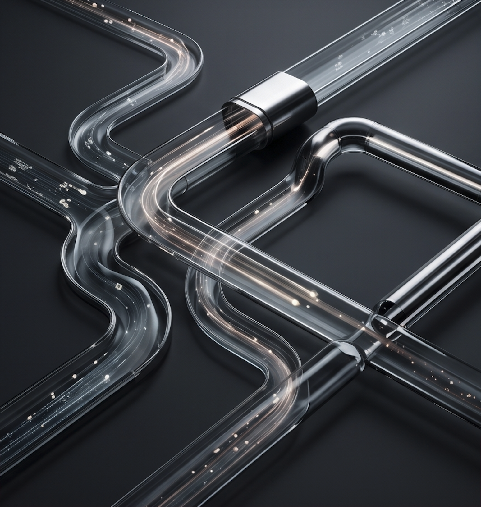 Futuristic glass pipes interconnected with metallic fittings on a dark surface, illuminated by soft light reflections.