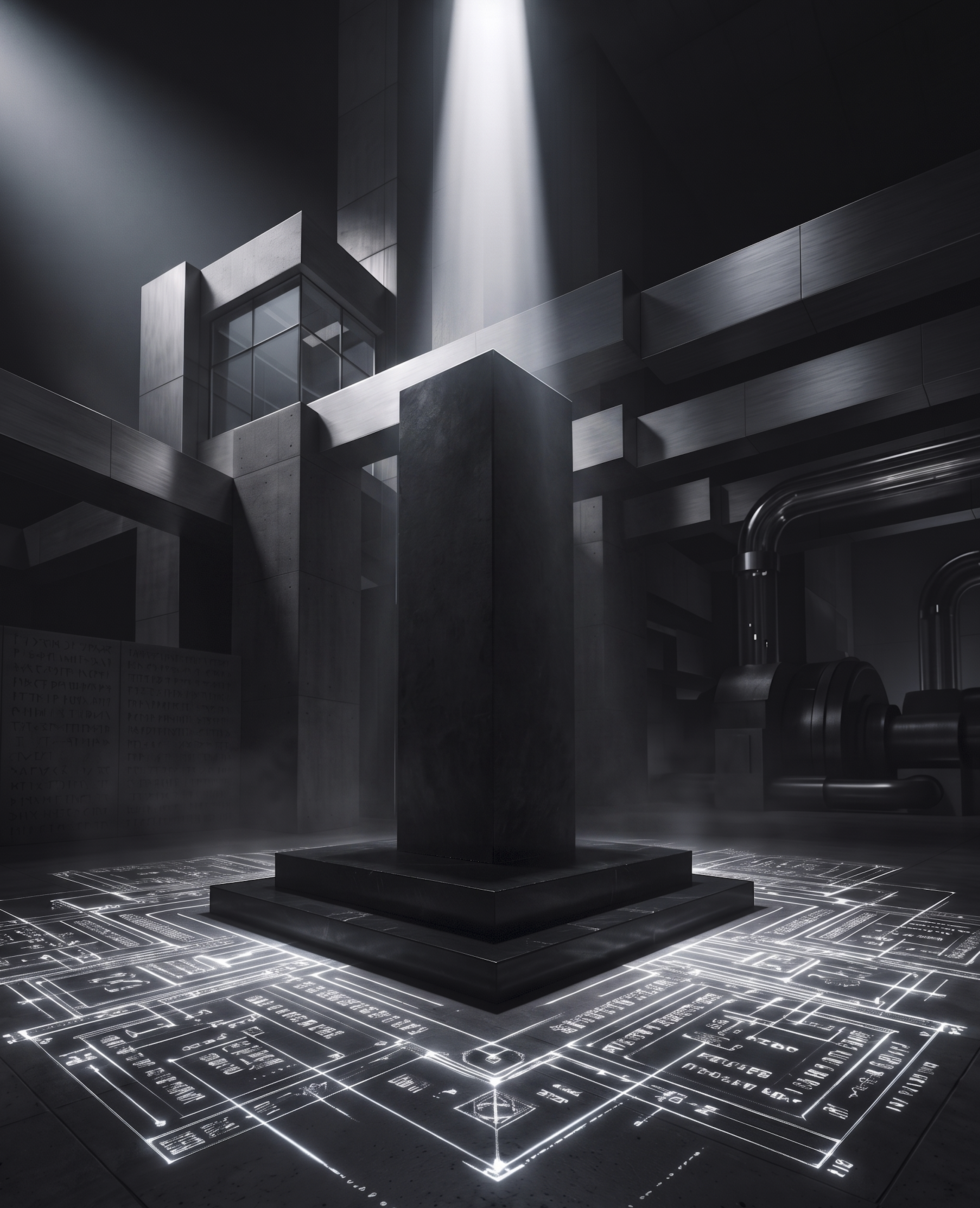 Futuristic dark room with a central black pedestal and illuminated floor panels displaying technical diagrams and text, with a spotlight shining down from above.