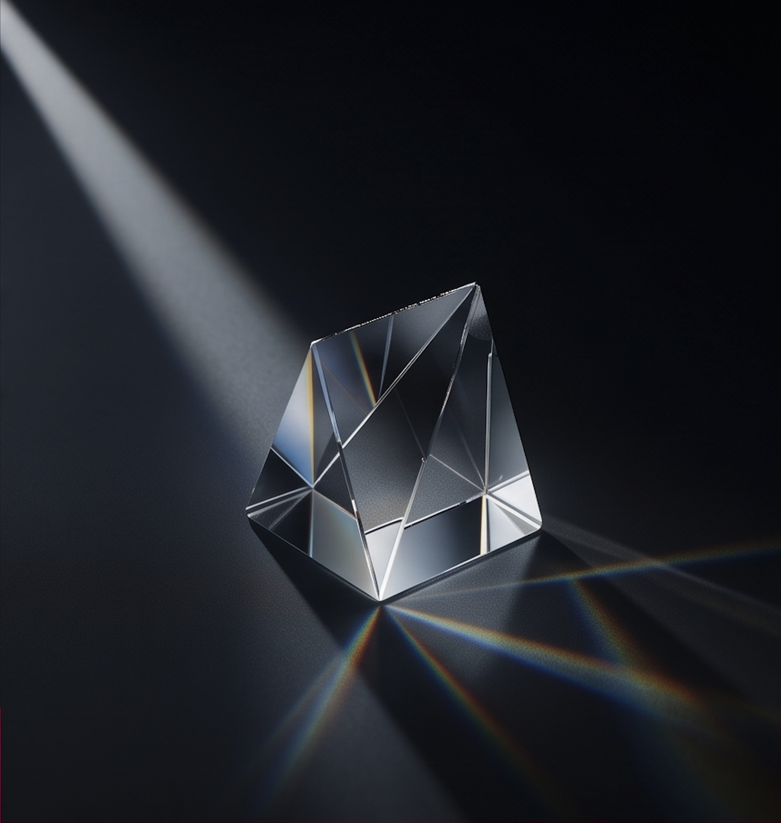 A clear, faceted diamond reflecting light, casting colorful rainbow-like reflections on a dark surface.