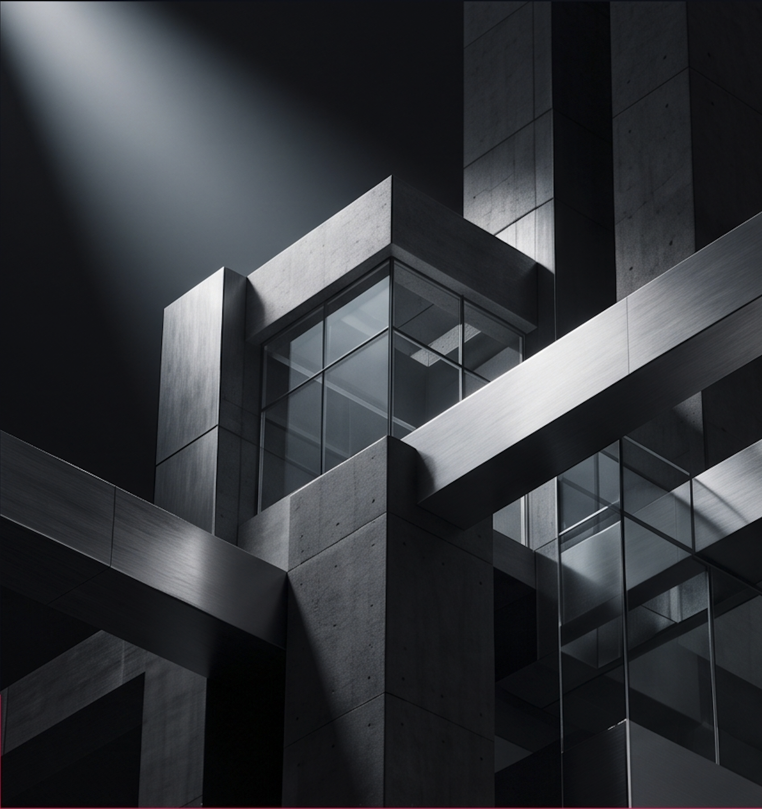 Close-up of modern architectural building with geometric shapes, concrete and glass materials, and shadow play.