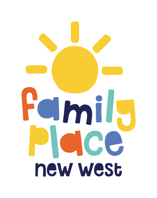 Colorful graphic with a yellow sun and the words 'family place' and 'new west' in playful, multicolored letters.