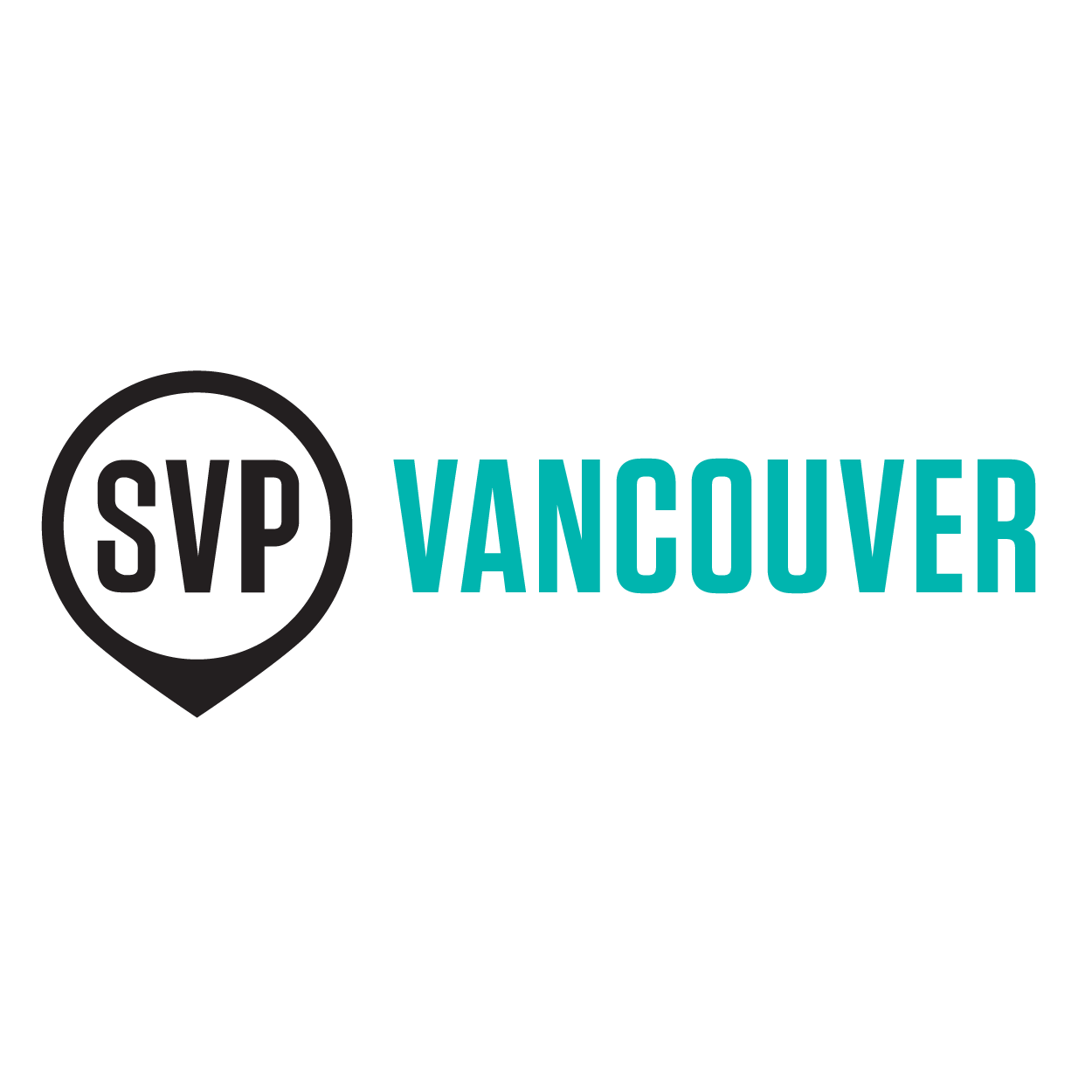 SVP Vancouver logo with black background, white circle with black letters 'SVP', and teal text 'Vancouver'