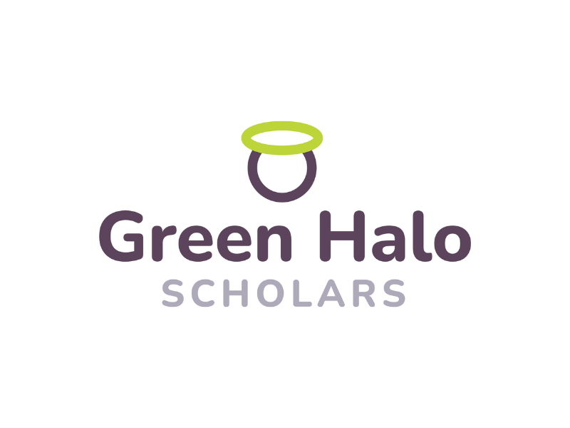 Logo for Green Halo Scholars featuring a simple green halo over a black circle with "Green Halo" in bold purple letters and "Scholars" in light gray underneath.