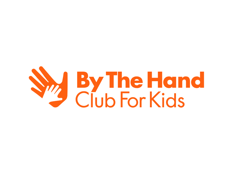 Logo for 'By The Hand Club For Kids' featuring an orange stylized hand and text in orange and black.