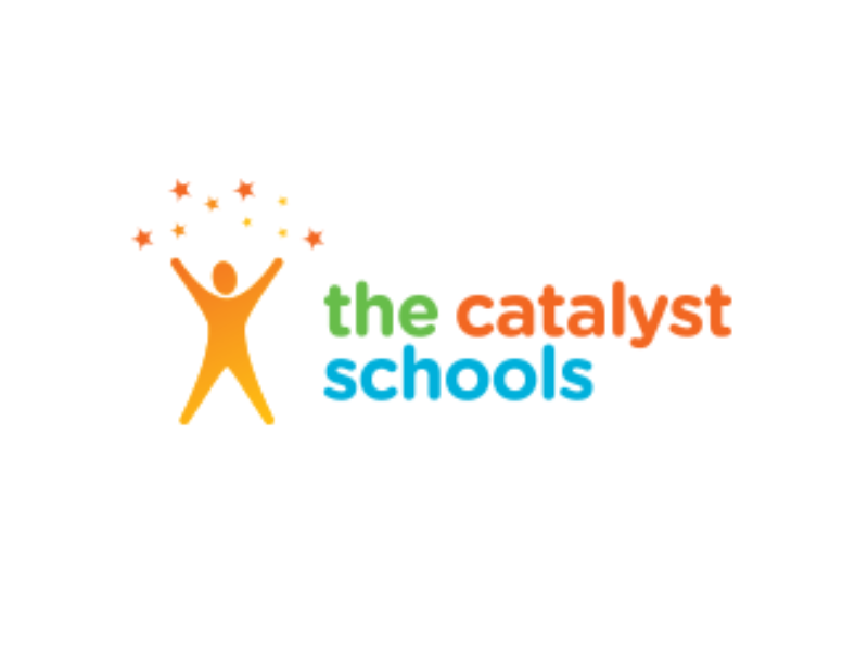 Logo of The Catalyst Schools featuring a stylized human figure with arms raised, surrounded by stars, with the words 'the catalyst schools' in colorful text.