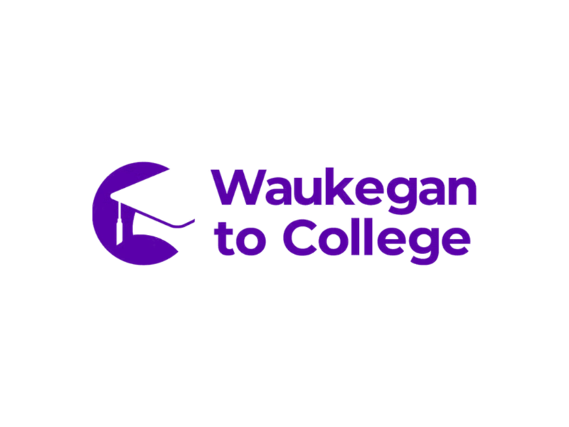 Logo for Waukegan to College featuring a purple graphic of a graduation cap and the text 'Waukegan to College' in bold purple font.