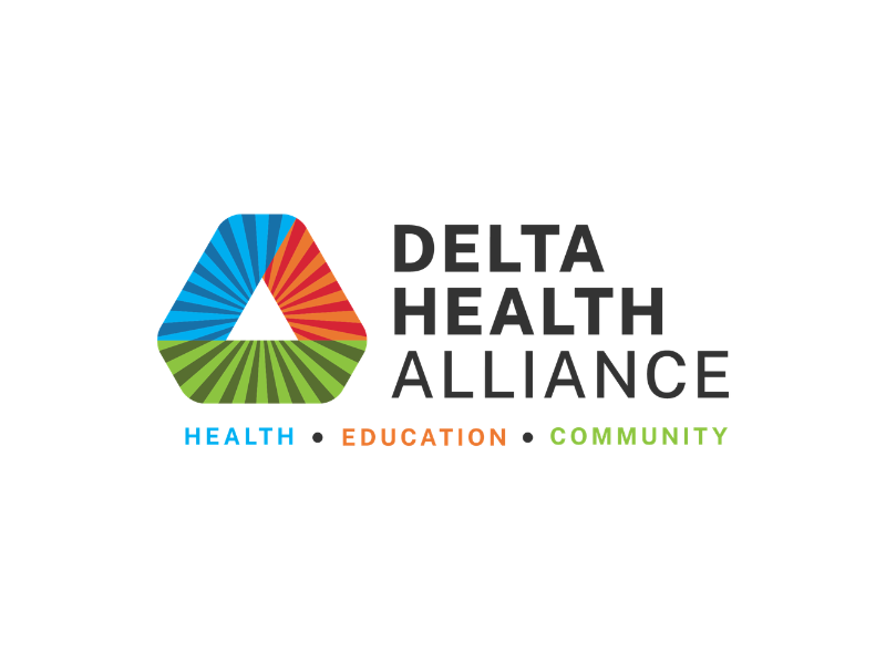 Logo for Delta Health Alliance featuring a colorful triangular emblem with blue, red, and green segments and text that reads 'Delta Health Alliance' with words 'Health', 'Education', and 'Community' underneath.