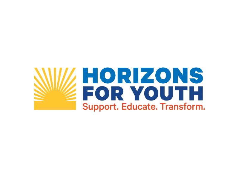Logo for Horizons for Youth featuring a yellow sun rising over a horizon with the tagline 'Support. Educate. Transform.'