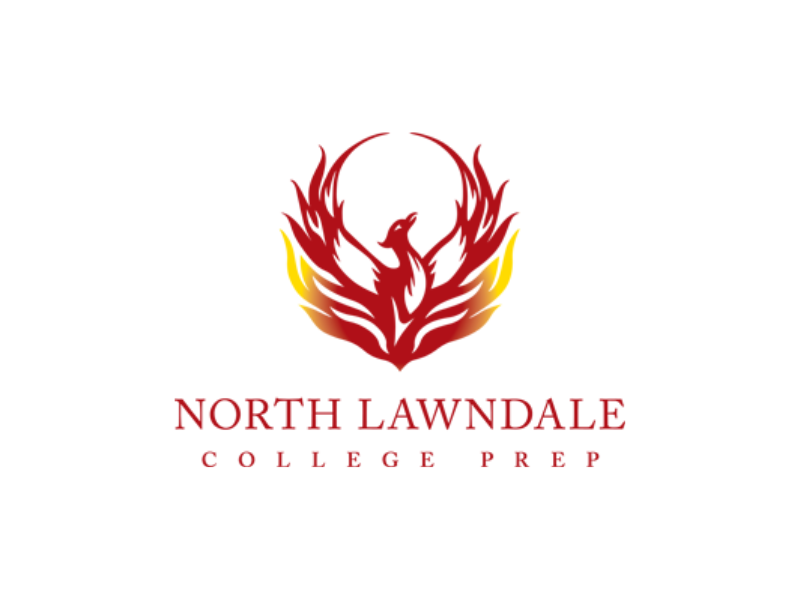 Logo of North Lawndale College Prep featuring a stylized phoenix in red, yellow, and orange with the school's name beneath.