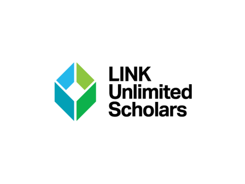 Logo with geometric shapes in blue and green next to bold black text 'LINK Unlimited Scholars'.