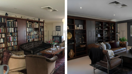 before and after masculine moody living room
