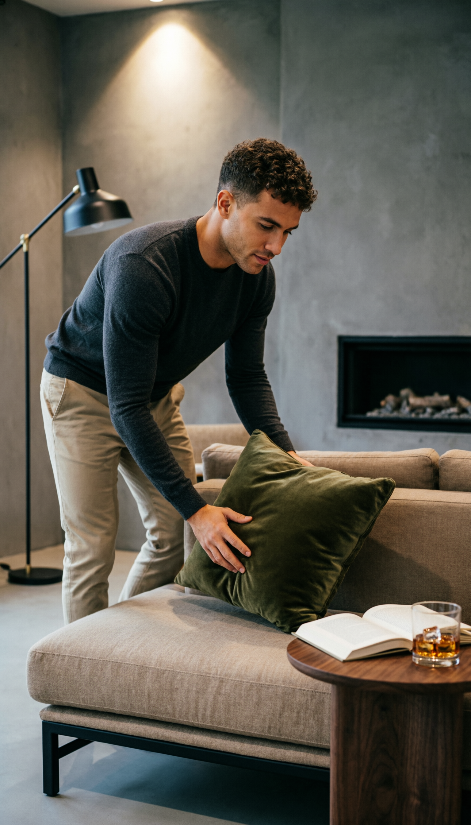 A man in a dark sweater and beige pants is adjusting a green pillow on a beige sofa in a modern living room with a grey wall and a black fireplace.
