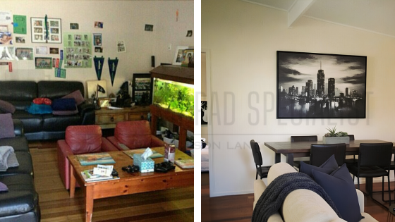 before and after masculine living room