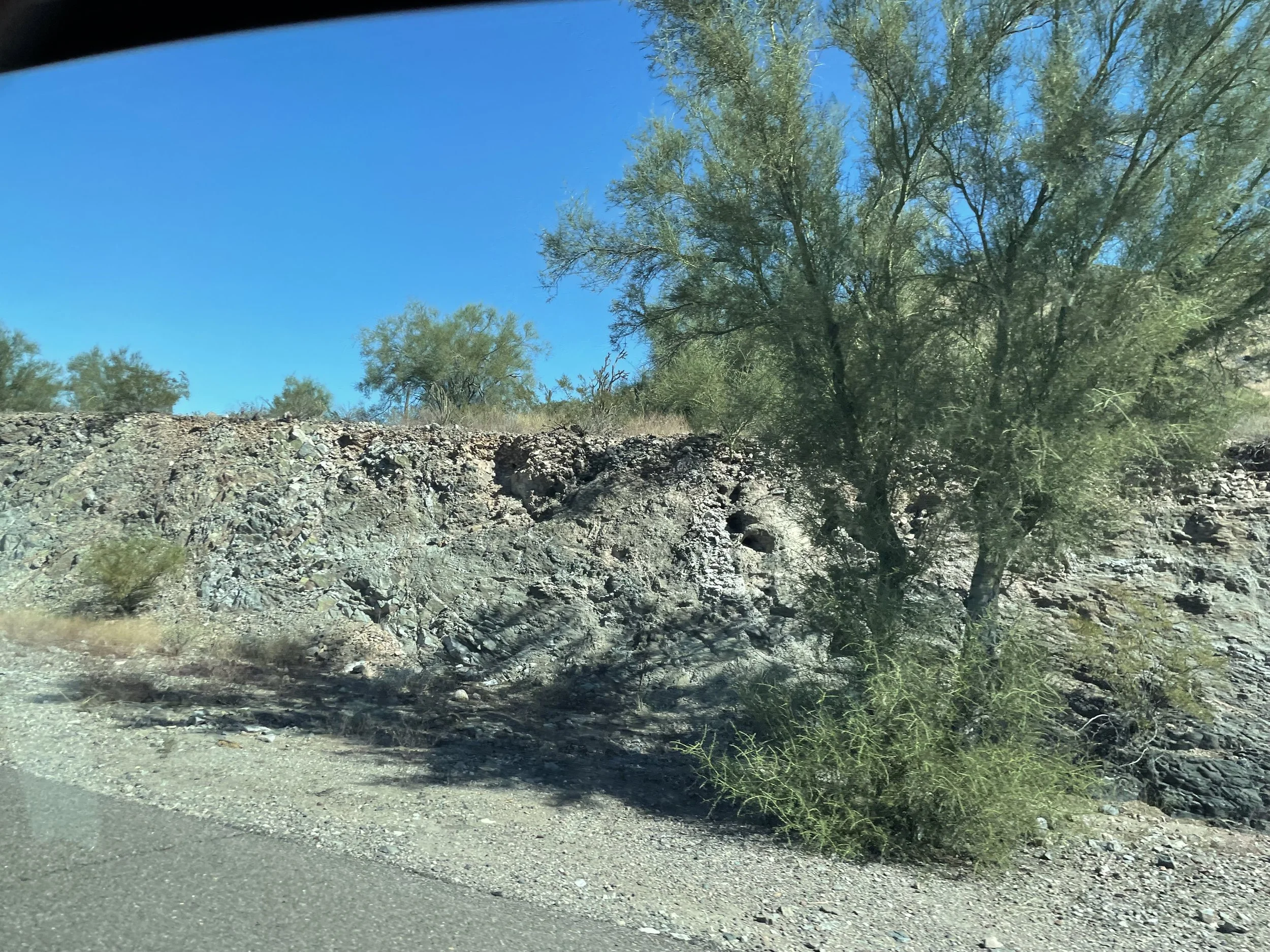 Image taken from inside a vehicle showing a rocky hillside with green desert shrubs and trees, under a clear blue sky.