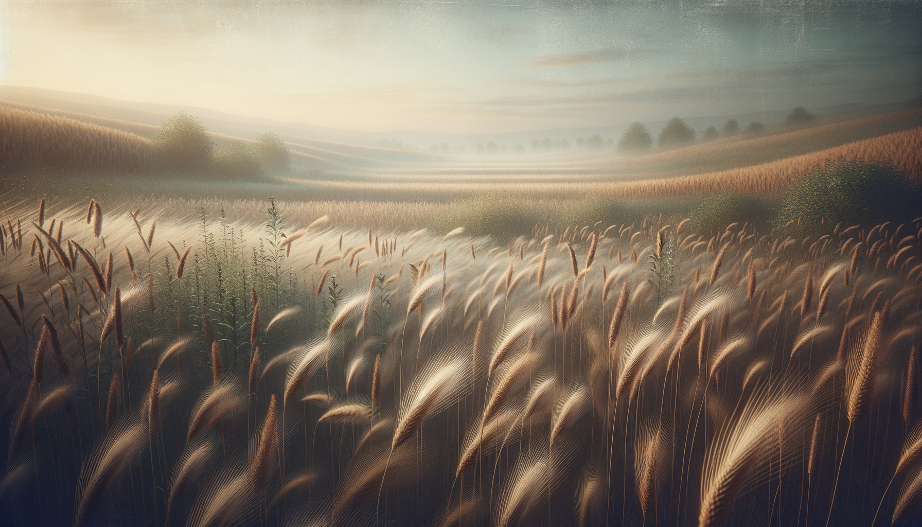A scenic landscape of rolling hills covered in tall grass and wildflowers, bathed in warm, golden light with a misty horizon and scattered trees in the distance.