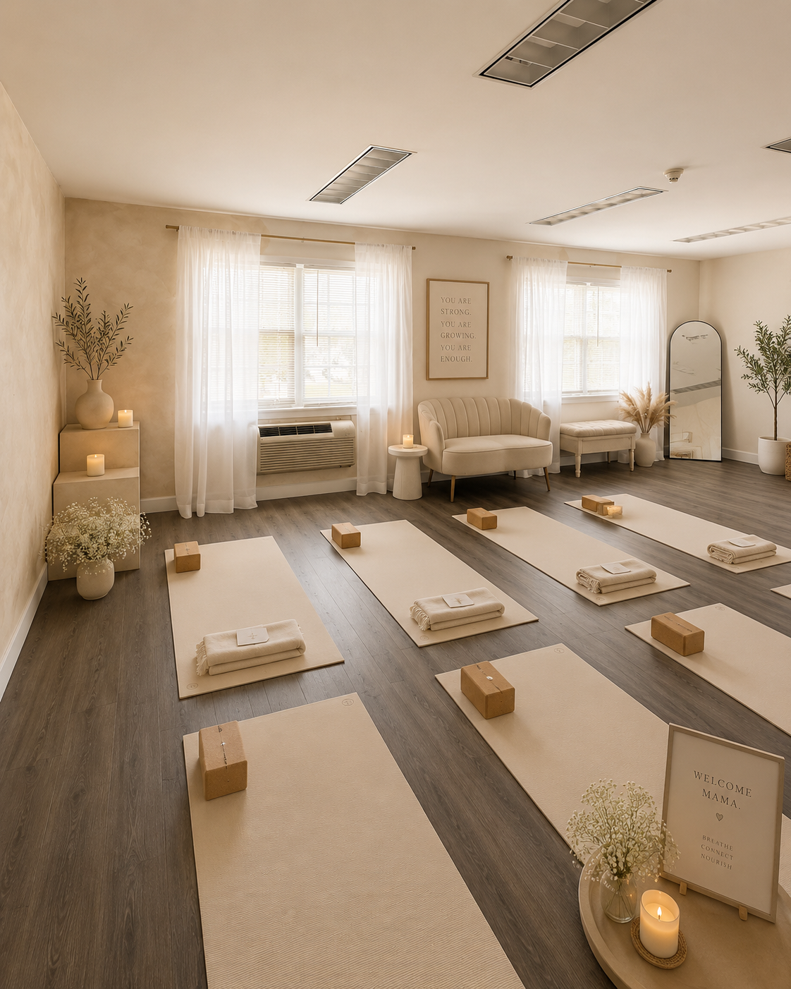 A peaceful, well-lit yoga studio with beige and white decor, wooden flooring, and yoga mats with towels and blocks arranged for a session.
