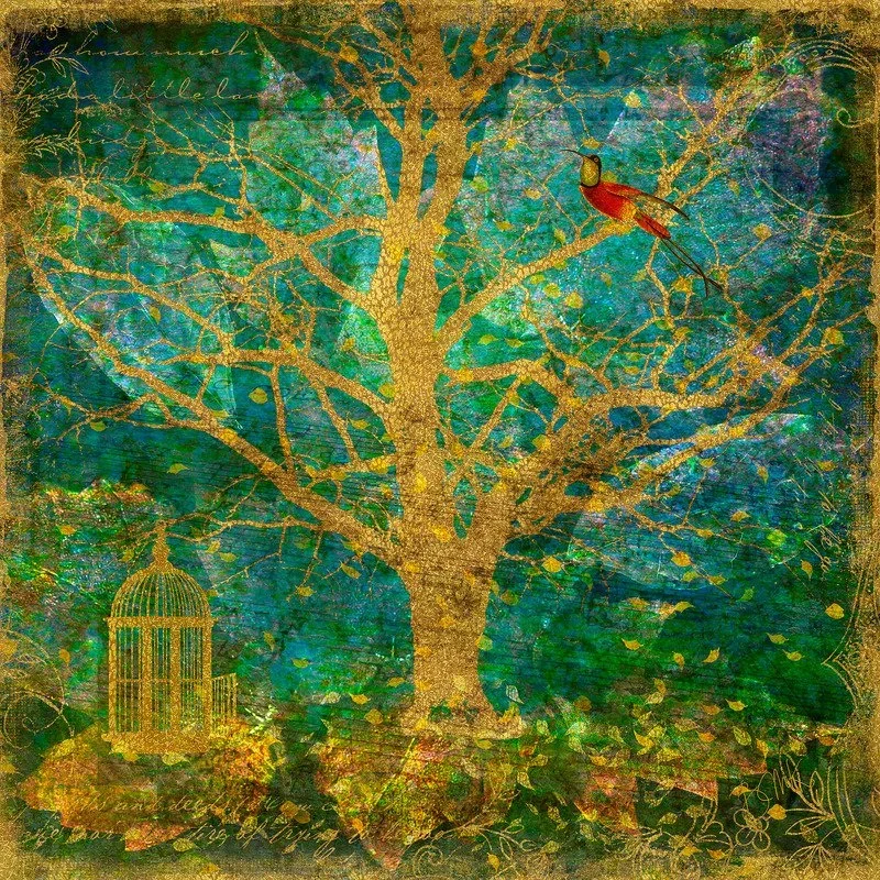A gold leaf tree illustration with a bird on a branch and a birdcage hanging from a lower branch, set against a textured teal background with decorative handwriting and floral designs.