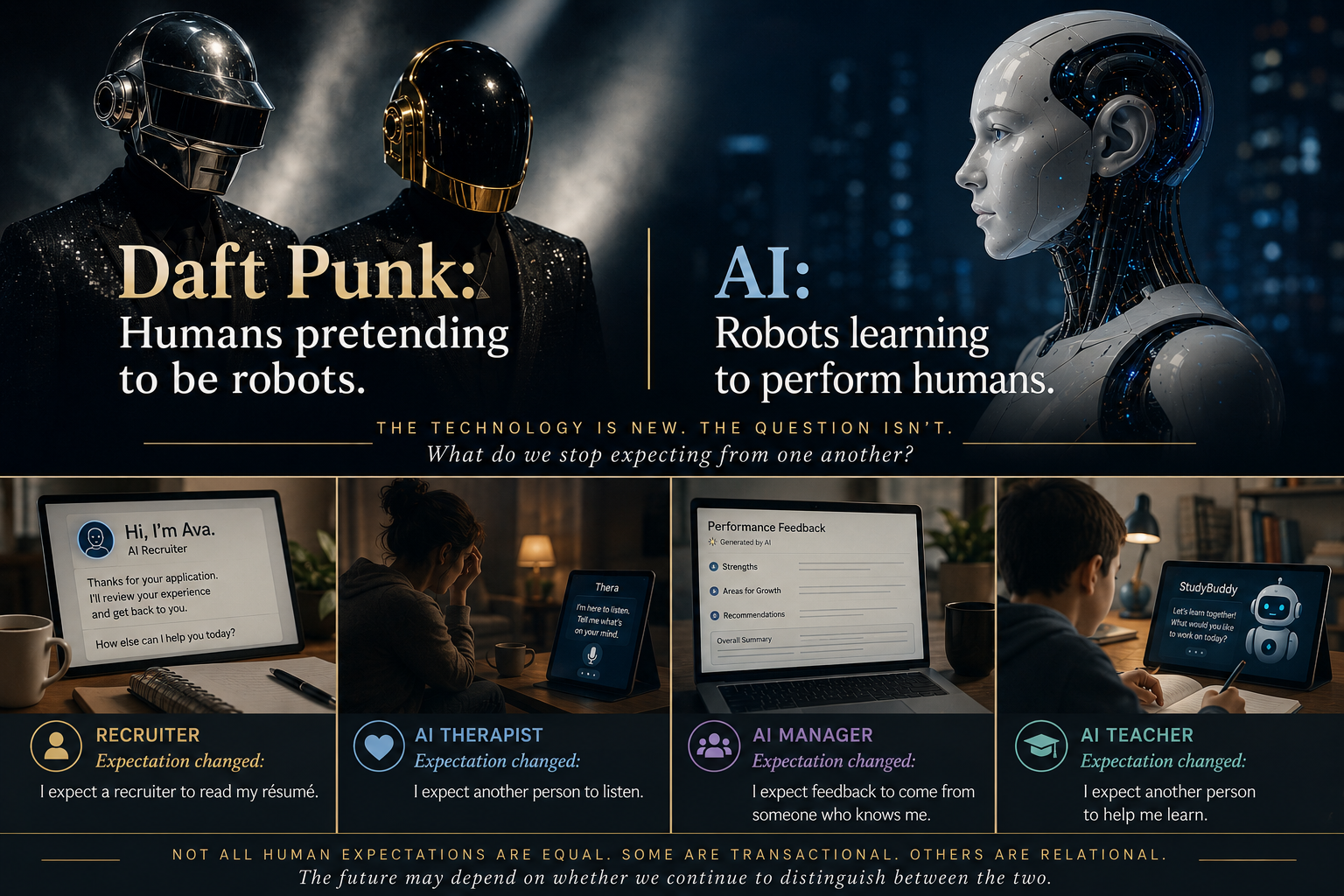 Daft Punk: Humans Pretending to be Robots. AI: Robots Learning to Perform as Humans
