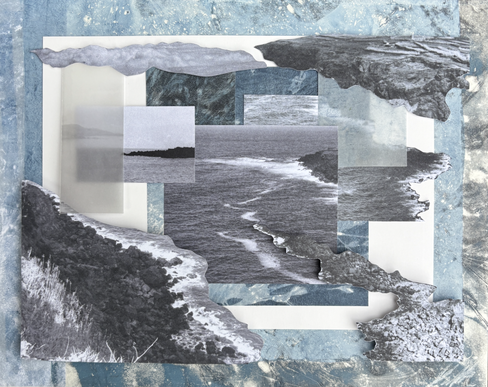 Praia, 2026: 8" x 10" mixed media collage (monoprints, various papers, and reprinted photographs of the Azores from my family archives)