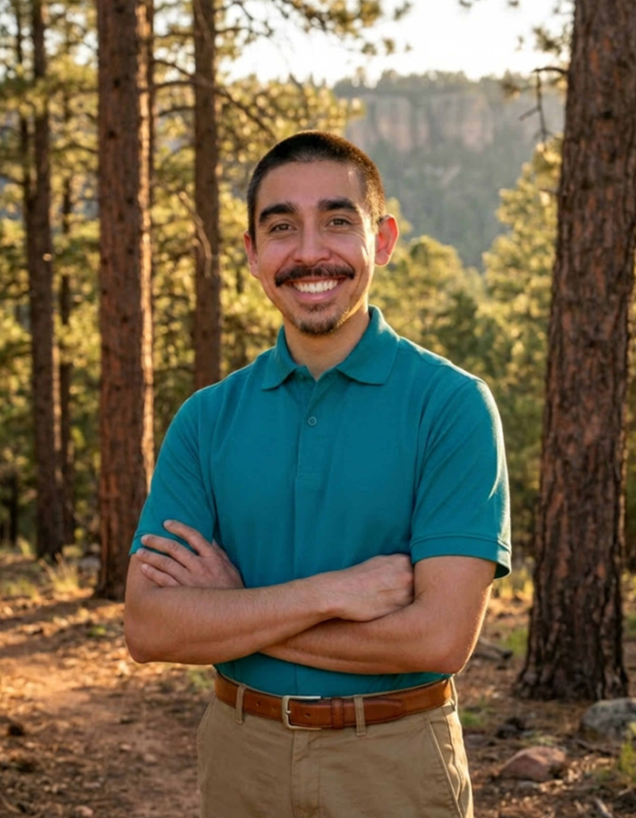 Smiling Clear As Day Solar Cleaning team member standing outdoors in a forest setting