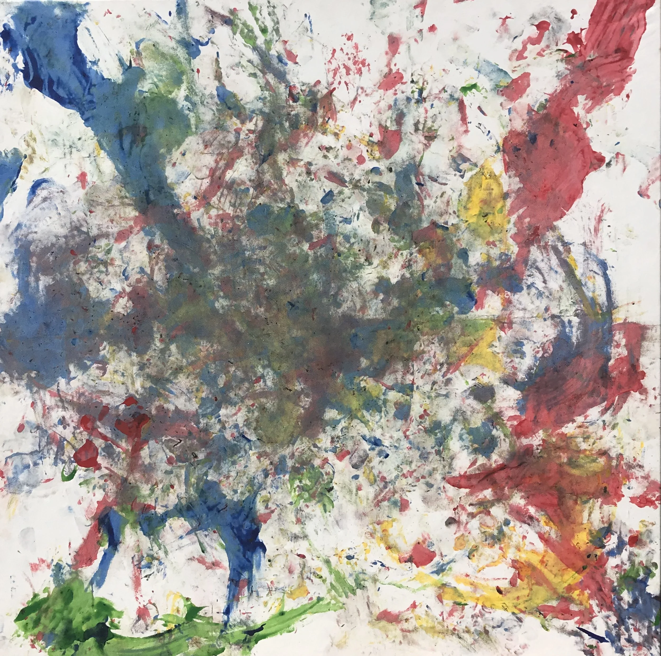 Pintura abstracta con manchas y trazos en colores rojo, azul, verde, amarillo, gris y blanco.