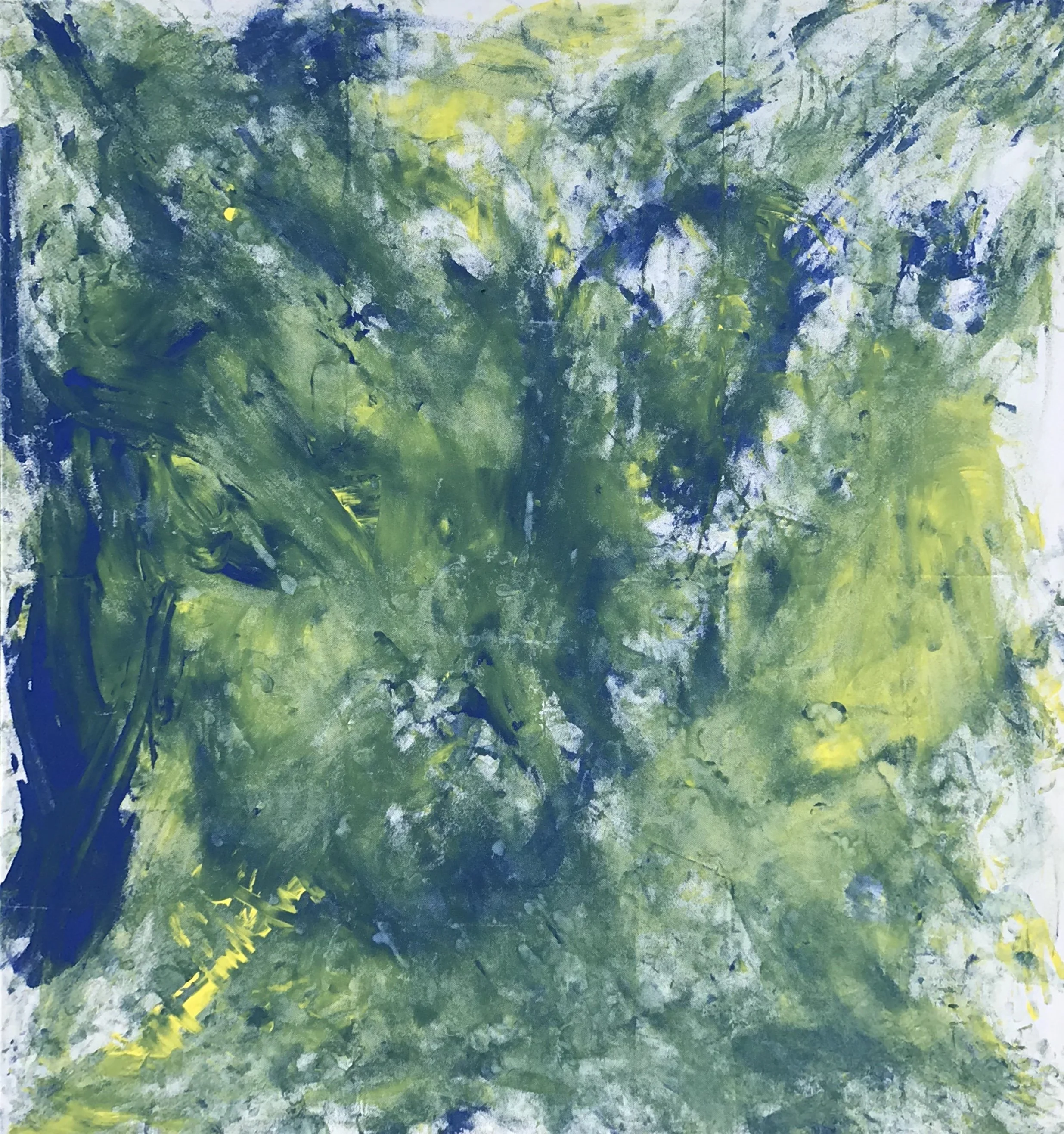 Pintura abstracta que representa un paisaje con árboles y vegetación en tonos verdes, azules y amarillos, con un estilo impresionista.