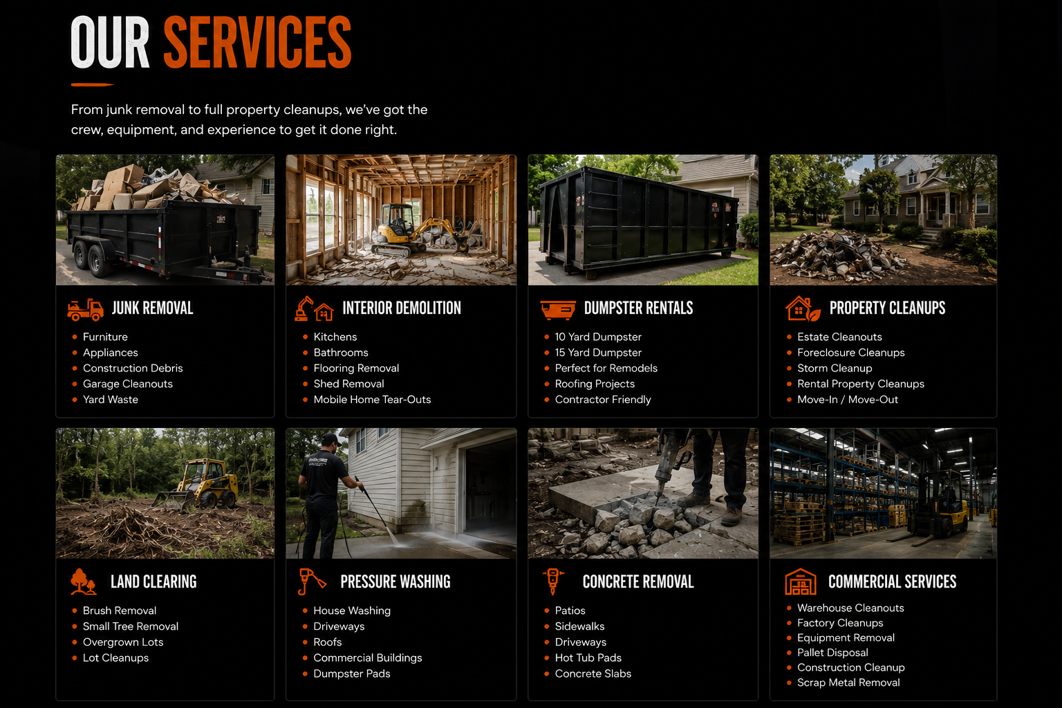 A digital graphic of a company's service offerings including junk removal, interior demolition, dumpster rentals, property cleanups, land clearing, pressure washing, concrete removal, and commercial services, with images and descriptions for each service.